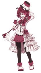 Rule 34 | 1girl, asymmetrical clothes, bandaid, bandaid on face, bandaid on nose, boots, cane, dress, fukase, full body, genderswap, genderswap (mtf), hat, head flag, highres, holding, pale skin, pantyhose, point (vocaloid), red eyes, red hair, short hair, tamagoyaki (megane-daisuki), tongue, tongue out, top hat, vocaloid