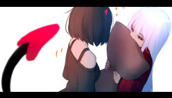 Rule 34 | 2girls, black hair, black shirt, blue eyes, covered mouth, demon horns, demon tail, drunk, from side, halo, highres, holding, horns, letterboxed, long hair, long sleeves, looking at another, multiple girls, hugging object, off-shoulder shirt, off shoulder, original, pillow, pillow hug, red horns, red shirt, shimmer, shirt, short hair, tail, upper body, white background, white hair, wide sleeves, yuri