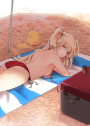 Rule 34 | 10eki (tenchou), 1girl, absurdres, admiral hipper (azur lane), ahoge, alternate costume, ass, azur lane, back, beach, beach mat, bikini, blonde hair, blush, breasts, commentary request, cooler, day, fang, green eyes, hair between eyes, half-closed eyes, highres, long hair, looking at viewer, looking back, lotion, lying, mole, mole under eye, on stomach, open mouth, outdoors, red bikini, sand, shade, side-tie bikini bottom, sideboob, solo, sunscreen, swimsuit, thighs, two side up, untied bikini