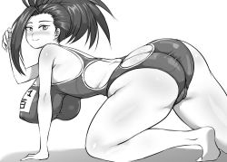 Rule 34 | 1girl, all fours, ass, blush, boku no hero academia, breasts, butt crack, cameltoe, chiroru (pixiv42406369), cleft of venus, competition swimsuit, huge ass, large breasts, long hair, looking at viewer, monochrome, one-piece swimsuit, ponytail, smile, solo, swimsuit, thick thighs, thighs, white background, yaoyorozu momo