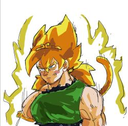 Rule 34 | 1boy, blonde hair, closed mouth, cosplay, dragon ball, dress, green dress, male focus, monkey tail, serious, simple background, son biten, son biten (cosplay), son goku, super saiyan, tail, touhou, unfinished dream of all living ghost, upper body, white background, yuuybee