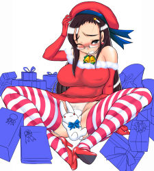 Rule 34 | 1girl, bad id, bare shoulders, blush, breasts, brown hair, christmas, clenched teeth, dress, fallen down, garter belt, garter straps, gift, glasses, hat, high heels, konmori (kinbou sokai), large breasts, long hair, one eye closed, original, panties, red footwear, santa costume, semi-rimless eyewear, shoes, short dress, simple background, solo, striped clothes, striped thighhighs, stuffed animal, stuffed toy, teeth, thighhighs, under-rim eyewear, underwear, white background