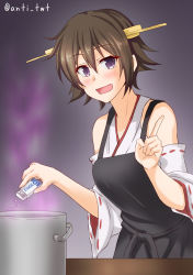 Rule 34 | 1girl, anti (untea9), apron, bad food, black apron, black background, box, brown hair, commentary request, cowboy shot, detached sleeves, flipped hair, hairband, headgear, hiei (kancolle), highres, japanese clothes, kantai collection, looking at viewer, pot, purple eyes, ribbon-trimmed sleeves, ribbon trim, short hair, smile, solo, twitter username