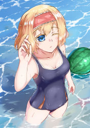 Rule 34 | 1girl, absurdres, alice margatroid, beach, blonde hair, blue eyes, blue one-piece swimsuit, breasts, cleavage, day, eyebrows, food, from above, fruit, hairband, highres, lolita hairband, looking up, ocean, one-piece swimsuit, one eye closed, outdoors, short hair, small breasts, solo, starfish, swimsuit, touhou, wanjie sa hua, water, watermelon