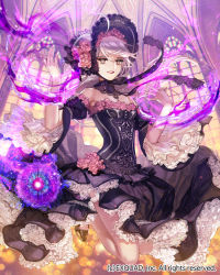 Rule 34 | 1girl, ahoge, armpits, bad id, bad pixiv id, bare shoulders, black dress, bonnet, brown eyes, building, church, detached collar, detached sleeves, dragon&#039;s shadow, dress, flat chest, flower, frilled dress, frills, full body, high heels, indoors, long hair, looking at viewer, magic, off-shoulder dress, off shoulder, official art, pink hair, pumps, rose, silver hair, solo, strapless, strapless dress, very long hair, watermark, window, yna