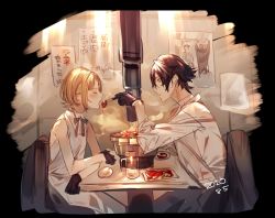 Rule 34 | 1boy, 1girl, absurdres, bare shoulders, black gloves, black hair, black neckwear, blonde hair, blush, chair, chopsticks, cup, dated, closed eyes, food, gloves, grill, highres, holding, holding chopsticks, indoors, looking at another, mayutsuba mono, mug, nero (mayutsuba mono), open mouth, original, parted lips, plate, sitting, sketch, steam