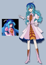 Rule 34 | 1girl, :d, beret, blue eyes, blue hair, blue hat, boots, commentary request, disembodied hand, dress, full body, gloves, hat, heterochromia, high heel boots, high heels, hiratose02 (mxx 459), long hair, multicolored hair, open mouth, orange dress, original, pink dress, pink footwear, pink gloves, red dress, red eyes, reference inset, short sleeves, simple background, smile, solo, standing, streaked hair, touhou, two-tone dress