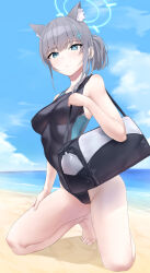 Rule 34 | 1girl, absurdres, animal ear fluff, animal ears, bag, beach, black one-piece swimsuit, blue archive, blue eyes, blue sky, breasts, cloud, competition swimsuit, covered navel, cross hair ornament, day, extra ears, grey hair, hair ornament, halo, highres, horizon, kneeling, looking at viewer, low ponytail, medium hair, mismatched pupils, multicolored clothes, multicolored swimsuit, ocean, official alternate costume, one-piece swimsuit, outdoors, shiroko (blue archive), shiroko (swimsuit) (blue archive), sky, small breasts, solo, swimsuit, takumi nosiro, wolf ears