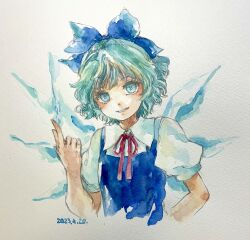 Rule 34 | 1girl, blue eyes, blue hair, blue vest, cirno, dated, hair ribbon, highres, index finger raised, looking at viewer, one-hour drawing challenge, painting (medium), ribbon, shiroma (mamiko), shirt, short hair, short sleeves, touhou, traditional media, vest, watercolor (medium), white background, white shirt, wings
