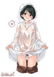 Rule 34 | 1girl, black eyes, black hair, blush, brown shorts, clothes pull, cowboy shot, ebifurya, female pubic hair, gluteal fold, groin, heart, heart-shaped pupils, heavy breathing, highres, kantai collection, lifting own clothes, long sleeves, looking at viewer, moderate pubic hair, mogami (kancolle), naked raincoat, no panties, open mouth, pubic hair, pussy juice, pussy juice trail, raincoat, raincoat lift, see-through, shorts, shorts pull, simple background, smile, solo, spoken heart, sweat, symbol-shaped pupils, twitter username, white background