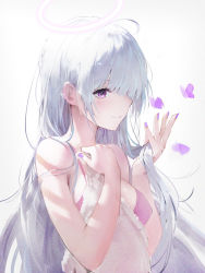 Rule 34 | 1girl, backlighting, bikini, bikini top only, bug, butterfly, closed mouth, commentary, fingernails, gradient background, halo, hand on own chest, haori io, highres, holding, holding own hair, insect, long hair, nail polish, original, profile, purple bikini, purple eyes, silver hair, smile, solo, swimsuit, symbol-only commentary, towel, upper body, wet