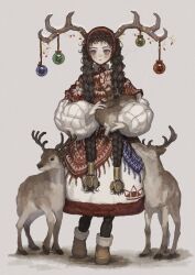 Rule 34 | antlers, boots, braid, brown hair, christmas, christmas ornaments, coat, green eyes, horns, huion, reindeer, reindeer antlers, sayoko (sayosny2), simple background, standing, twin braids, winter clothes, winter coat