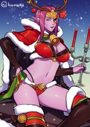 Rule 34 | 1girl, alternate costume, antlers, bell, breasts, cape, christmas ornaments, colored skin, commission, cosplay, fire emblem, fire emblem echoes: shadows of valentia, fire emblem gaiden, fire emblem heroes, highres, hiomaika, hood, horns, looking at viewer, nintendo, nuibaba, purple skin, simple background, smile, solo, tharja (fire emblem), tharja (fire emblem) (cosplay), upper body