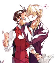 Rule 34 | 2boys, ace attorney, anger vein, antenna hair, apollo justice, black pants, black shirt, blonde hair, bracelet, brown hair, buttons, closed eyes, dated, drill hair, earrings, forked eyebrows, formal, hand on another&#039;s cheek, hand on another&#039;s face, hand on another&#039;s wrist, highres, holding, holding another&#039;s wrist, holding paper, jacket, jewelry, kiss, klavier gavin, lapel pin, lapels, long sleeves, male focus, miz (bannako), multiple boys, musical note, open collar, pants, paper, pocket, purple jacket, red pants, red suit, red vest, ring, shirt, short hair, signature, simple background, sleeves rolled up, suit, upper body, vest, white background, white shirt, yaoi