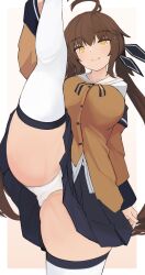 Rule 34 | :3, antenna hair, b6 (b6 n2), blue skirt, breasts, brown hair, brown jacket, cameltoe, collarbone, commentary, commentary request, from below, girls&#039; frontline, hair ornament, highres, jacket, large breasts, leg up, lifting own clothes, long sleeves, m14 (girls&#039; frontline), off shoulder, panties, shirt, skirt, split, standing, standing on one leg, standing split, thighhighs, twintails, underwear, upper body, upskirt, white panties, white shirt, white thighhighs, yellow eyes
