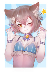 Rule 34 | 10s, 1boy, ;3, animal ears, arm ribbon, bare arms, bare shoulders, black bow, blue background, blue bra, blue nails, blue neckwear, blush, bob cut, bolo tie, border, bow, bow bra, bra, breasts, cat boy, cat ears, choker, claw pose, cleavage, collarbone, commentary, eyelashes, felix argyle, frilled bra, frills, hair between eyes, hair bow, half-closed eye, hands up, head tilt, highres, jewelry, looking at viewer, male focus, midriff, nail polish, one eye closed, outside border, parted bangs, parted lips, pendant, petite, re:zero kara hajimeru isekai seikatsu, ribbon, short eyebrows, short hair, simple background, slit pupils, solo, spaghetti strap, star (symbol), striped bra, striped clothes, thick eyebrows, trap, underwear, uneven eyes, upper body, vertical-striped bra, vertical-striped clothes, white border, white bow, wtcolor, yellow eyes