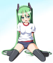 Rule 34 | 1girl, arms behind back, black thighhighs, blush, breasts, colorized, green eyes, green hair, hatsune miku, highres, hoshino sora, long hair, looking at viewer, matching hair/eyes, open mouth, school swimsuit, small breasts, smile, solo, swimsuit, swimsuit under clothes, thighhighs, twintails, very long hair, vocaloid