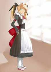 Rule 34 | blonde hair, boots, brown background, from side, full body, green eyes, hair intakes, long hair, maid, motsu rebaa, solo, standing, twintails