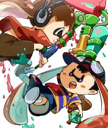 Rule 34 | 2boys, :o, animal crossing, backpack, bag, baseball cap, black hair, brown hair, bunsuke, fang, goggles, goggles on headwear, gun, hat, headphones, ink tank (splatoon), inkling, inkling player character, male focus, monster boy, mother (game), mother 2, multiple boys, ness (mother 2), nintendo, open mouth, paint roller, shirt, shorts, smile, solid oval eyes, splat roller (splatoon), splatoon (series), splatoon 1, splattershot (splatoon), striped clothes, striped shirt, super smash bros., super soaker, tentacle hair, villager (animal crossing), weapon