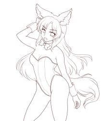 Rule 34 | 1girl, animal ears, bow, bowtie, breasts, cleavage, detached collar, hand on own head, imaizumi kagerou, isaki (gomi), leotard, lineart, long hair, monochrome, nontraditional playboy bunny, open mouth, playboy bunny, sketch, small breasts, solo, tail, touhou, very long hair, wolf ears, wolf tail, wrist cuffs