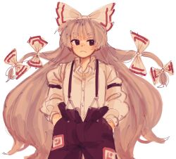 Rule 34 | 1girl, baggy pants, bow, brown eyes, buttons, collared shirt, cowboy shot, frown, fujiwara no mokou, hair bow, hands in pockets, highres, hime cut, long hair, long sleeves, looking to the side, malan, ofuda, ofuda on clothes, open collar, pants, red pants, shirt, simple background, sleeve garter, solo, suspenders, thick eyebrows, touhou, very long hair, white background, white bow, white shirt