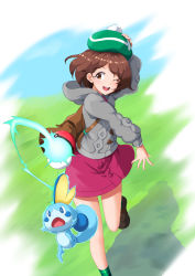 Rule 34 | 1girl, ;d, backpack, bag, bob cut, boots, brown bag, brown eyes, brown footwear, brown hair, cable knit, cardigan, commentary request, creatures (company), dress, energy, eyelashes, game freak, gen 8 pokemon, gloria (pokemon), green headwear, green legwear, grey cardigan, hand on headwear, hat, highres, hooded cardigan, nintendo, one eye closed, open mouth, pink dress, plaid, plaid clothes, plaid legwear, poke ball, poke ball (basic), pokemon, pokemon (creature), pokemon swsh, shiruppo, short hair, smile, sobble, socks, tam o&#039; shanter, teeth, throwing, tongue, upper teeth only