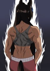 Rule 34 | 1girl, animal ears, aura, back, bare shoulders, brown hair, clothing cutout, commentary, cowboy shot, earrings, from behind, fukuro (maruaru00), gradient background, grey background, grey sports bra, hands in pockets, highres, horse ears, horse girl, jewelry, long hair, median furrow, muscular, muscular female, nape, shoulder blades, single earring, solo, sports bra, symboli kris s (umamusume), tail, tail through clothes, umamusume