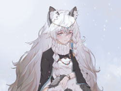 Rule 34 | 1girl, animal ear fluff, animal ears, arknights, braid, cape, grey eyes, highres, jewelry, leopard ears, leopard girl, leopard tail, light blush, long hair, looking at viewer, necklace, pramanix (arknights), snow, solo, tail, turtleneck, twin braids, upper body, watch, white hair, wristwatch, yiyizi