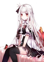 Rule 34 | 1girl, absurdres, akira (ying), between legs, black dress, black thighhighs, bug, butterfly, dress, frilled thighhighs, frills, hand between legs, highres, insect, long hair, red eyes, silver hair, simple background, sitting, solo, thighhighs, white background