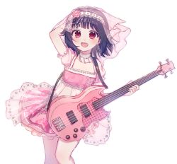 Rule 34 | 1girl, :d, arm up, bad id, bad pixiv id, bang dream!, bass guitar, black hair, blush, choker, collarbone, crop top, earrings, esp guitars, flower, hair flower, hair ornament, hairband, hand on own head, highres, holding, holding instrument, instrument, jewelry, looking at viewer, open mouth, pink flower, pink skirt, poyo (shwjdddms249), red eyes, short hair, short sleeves, simple background, skirt, smile, solo, ushigome rimi, veil, white background, white choker, white hairband