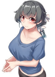 Rule 34 | 1girl, absurdres, black hair, blue shirt, blush, breasts, closed mouth, collarbone, groin, hair between eyes, hair flaps, highres, jingei (kancolle), kantai collection, kiritto, large breasts, long hair, looking at viewer, red eyes, shirt, short sleeves, simple background, solo, upper body, white background