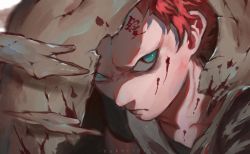 Rule 34 | 1boy, angry, artist name, blood, child, collarbone, face, gaara (naruto), geokinesis, green eyes, highres, ibuo (ibukht1015), looking at viewer, male focus, naruto, naruto (series), red hair, sand, short hair, solo, tattoo, very short hair