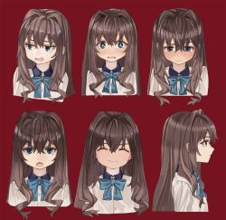 Rule 34 | 1girl, blue bow, blue bowtie, blue eyes, blush, bow, bowtie, brown hair, closed mouth, collared shirt, elisia valfelto, expressions, facing viewer, hair between eyes, hair intakes, highres, long hair, luicent, open mouth, original, profile, red background, shirt, simple background, smile, solo, tears, white shirt, wide-eyed
