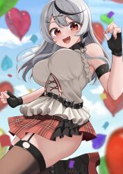Rule 34 | 1girl, 9696k, balloon, bare shoulders, black collar, blush, boots, breasts, camisole, collar, fingerless gloves, frilled camisole, frills, gloves, grey hair, hair between eyes, hair ornament, heart belt, highres, hololive, large breasts, long hair, looking at viewer, multicolored hair, o-ring, o-ring legwear, open mouth, red eyes, red nails, sakamata chloe, sharp teeth, sky, solo, streaked hair, teeth, virtual youtuber, white camisole, x hair ornament