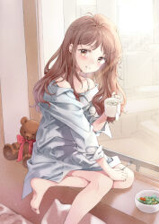 Rule 34 | 1girl, barefoot, blush, bowl, bra strap, breasts, brown eyes, brown hair, commentary, crossed legs, cup, fork, holding, holding cup, holding fork, long hair, looking at viewer, messy hair, mug, off shoulder, original, oversized clothes, oversized shirt, pillow, salad, salad bowl, shirt, sitting, small breasts, smile, stuffed animal, stuffed toy, tea, teabag, teddy bear, unya (unya-unya), windowsill
