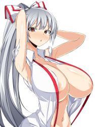 Rule 34 | 1girl, areola slip, armpits, bare shoulders, breasts, cleavage, collarbone, female focus, fujiwara no mokou, hair ornament, hair ribbon, huge breasts, long hair, looking at viewer, musuka (muska), navel, no bra, open clothes, red eyes, ribbon, shiny skin, silver hair, simple background, solo, standing, touhou, upper body, very long hair, white background