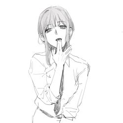 Rule 34 | 1girl, black necktie, breasts, business suit, chainsaw man, finger to mouth, fingernails, formal, greyscale, highres, light smile, long hair, long sleeves, makima (chainsaw man), medium breasts, monochrome, necktie, open mouth, ringed eyes, sexually suggestive, shirt tucked in, sleeves rolled up, smile, solo, suit, teasing, tongue, white background, yin0923