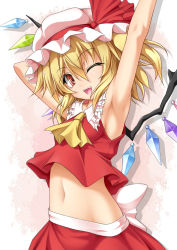 Rule 34 | 1girl, ;d, arm behind head, arm up, armpits, ascot, blonde hair, breasts, flandre scarlet, hat, looking at viewer, navel, one eye closed, open mouth, red eyes, roura, short hair, small breasts, smile, solo, stomach, touhou, wings