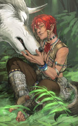Rule 34 | 1boy, animal, bare pectorals, bead bracelet, bead necklace, beads, bracelet, fangs, fur trim, grass, hair tubes, horns, jewelry, male focus, muscular, necklace, nose, original, pectorals, pointy ears, red hair, shiranagi chiyuki, single horn, sitting, tail, twintails, vest, wolf, wolf tail, yellow eyes