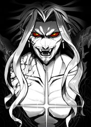 Rule 34 | 1boy, anger vein, collarbone, colored sclera, dangle earrings, earrings, eyelashes, facial hair, fangs, fate/apocrypha, fate (series), furrowed brow, goatee, highres, jewelry, long hair, male focus, mature male, mustache, open mouth, pectorals, pochinosuke, pointy ears, red sclera, sharp teeth, solo, sparkle, spot color, teeth, vampire, vlad iii (fate/apocrypha), yellow eyes