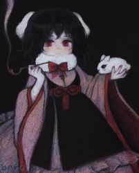 Rule 34 | 1girl, absurdres, alternate costume, animal, black hair, blush, bow, dress, expressionless, highres, holding, holding animal, inaba tewi, looking at viewer, rabbit, red eyes, short hair, smoke, solo, svveetberry, touhou, wide sleeves