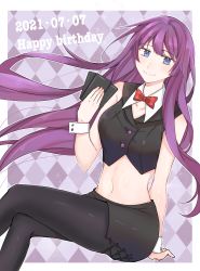 Rule 34 | 1girl, absurdres, arm support, armpit crease, bakemonogatari, black legwear, black shirt, black skirt, blue eyes, blush, border, bow, bowtie, breasts, card, collar, collarbone, commentary request, crop top, dated, feet out of frame, hair blowing, happy birthday, highres, holding, holding card, jmfz5558, leaning back, legs, long hair, looking at viewer, medium breasts, midriff, miniskirt, monogatari (series), navel, patterned background, playing card, purple hair, red bow, red bowtie, senjougahara hitagi, shiny clothes, shiny skin, shirt, sidelocks, sitting, skirt, sleeve cuffs, sleeveless, sleeveless shirt, smile, solo, swept bangs, thighs, white border, white collar