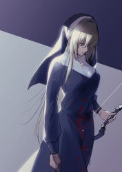 Rule 34 | 1girl, bianca (punishing: gray raven), black dress, blonde hair, blood, blood on clothes, bow (weapon), closed mouth, dress, hair between eyes, holding, holding bow (weapon), holding weapon, long hair, long sleeves, looking down, nun, punishing: gray raven, rosary, sachiko y, solo, traditional nun, weapon, yellow eyes
