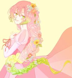 1girl braid braided_ponytail commentary_request cosplay cowboy_shot dress flower green_eyes green_hair hair_between_eyes hair_flower hair_ornament highres kanroji_mitsuri kimetsu_no_yaiba pink_dress pink_hair profile puffy_sleeves rapunzel_(disney) rapunzel_(disney)_(cosplay) sail_ofhope sidelocks simple_background smile solo tangled yellow_background