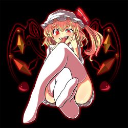Rule 34 | 1girl, ascot, blonde hair, blush, convenient leg, crazy eyes, crossed legs, fangs, feet, flandre scarlet, hat, heart, licking, licking finger, looking at viewer, mob cap, no shoes, oimo (imoyoukan), open mouth, red eyes, short hair, side ponytail, skirt, smile, solo, thighhighs, touhou, uneven eyes, white thighhighs, wings