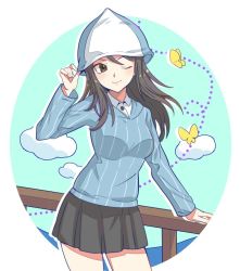 Rule 34 | 10s, 1girl, adjusting clothes, adjusting headwear, blue hat, blue shirt, brown eyes, brown hair, bug, butterfly, closed mouth, cloud, cloudy sky, commentary, cowboy shot, day, dotted line, dress shirt, girls und panzer, grey skirt, hat, insect, kakuzatou (boxxxsugar), keizoku school uniform, long hair, long sleeves, looking at viewer, mika (girls und panzer), miniskirt, one eye closed, outdoors, outside border, pleated skirt, railing, school uniform, shirt, skirt, sky, smile, solo, standing, striped clothes, striped shirt, vertical-striped clothes, vertical-striped shirt, white shirt