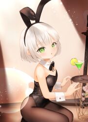 Rule 34 | 1girl, absurdres, animal ears, black bow, black bowtie, black leotard, black pantyhose, bow, bowtie, breasts, cocktail glass, commentary request, cup, detached collar, drinking glass, green eyes, highres, konpaku youmu, korean commentary, leotard, looking at viewer, nerkia, pantyhose, playboy bunny, rabbit ears, rabbit tail, seiza, short hair, sitting, small breasts, solo, spotlight, strapless, strapless leotard, table, tail, touhou, white hair, wrist cuffs