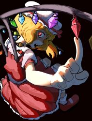 Rule 34 | 1girl, black background, blonde hair, crystal, flandre scarlet, foreshortening, frilled skirt, frills, from behind, hat, hat ribbon, highres, looking at viewer, looking back, medium hair, mob cap, multicolored wings, nape, neck, open mouth, puffy short sleeves, puffy sleeves, red eyes, red footwear, red ribbon, red skirt, red vest, ribbon, screbbli, shirt, short sleeves, simple background, skirt, skirt set, socks, solo, teeth, touhou, upper teeth only, vest, white hat, white shirt, white socks, wings