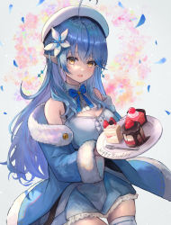 Rule 34 | 1girl, absurdres, ahoge, bare shoulders, beret, blue bow, blue bowtie, blue coat, blue hair, blue skirt, blush, bow, bowtie, breasts, cake, cake slice, coat, commentary request, cowboy shot, earrings, flower, food, fork, hair between eyes, hair flower, hair ornament, half updo, happy birthday, hat, highres, holding, holding plate, hololive, jewelry, large breasts, long hair, looking at viewer, multicolored hair, off shoulder, open clothes, open coat, open mouth, plate, pointy ears, shirt, skirt, sleeveless, sleeveless shirt, smile, solo, standing, streaked hair, thighhighs, virtual youtuber, white flower, white hat, white shirt, white thighhighs, xyunx, yellow eyes, yukihana lamy