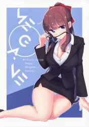 Rule 34 | 1girl, absurdres, arm support, blue background, blue eyes, blush, breasts, brown hair, business suit, cleavage, closed mouth, formal, glasses, hair ornament, hair ribbon, highres, large breasts, looking at viewer, miniskirt, mole, mole on breast, new game!, nitro (mugityaoisii), official style, panties, pantyshot, ribbon, simple background, sitting, skirt, solo, suit, takimoto hifumi, thighs, underwear, white panties